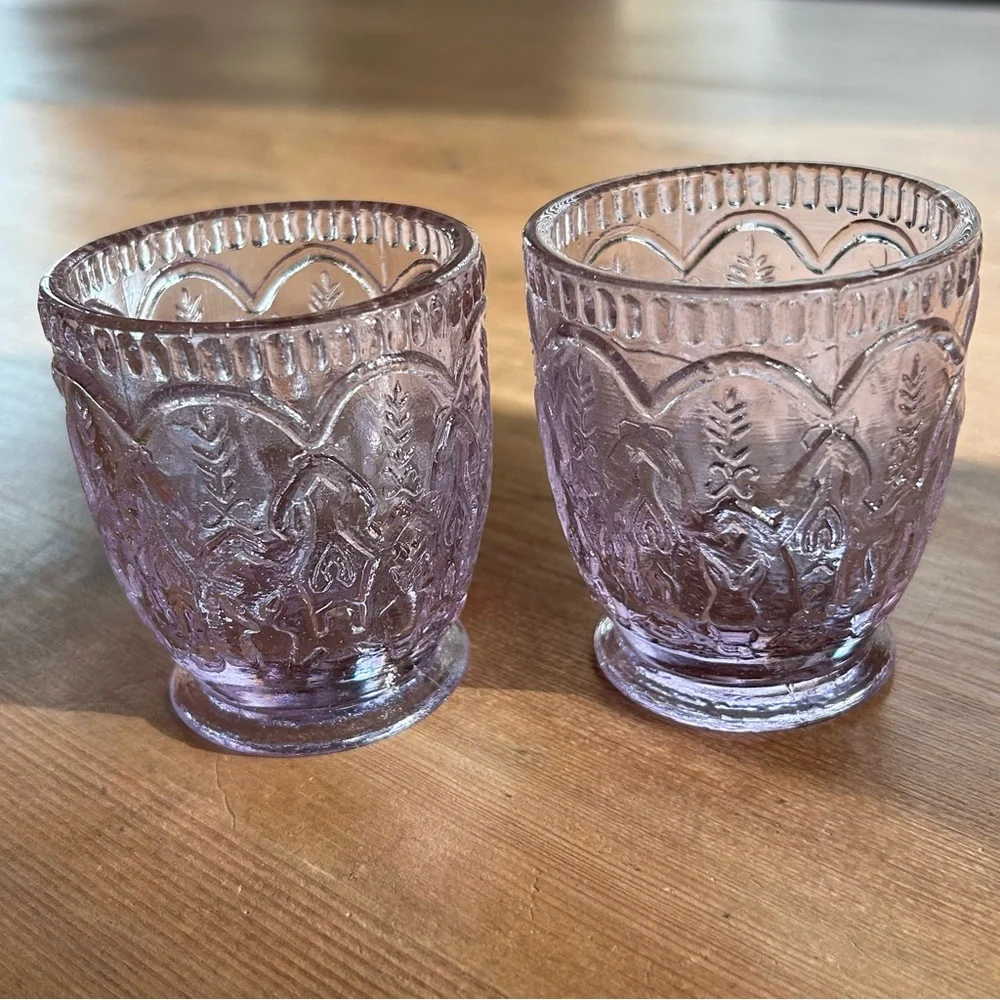 Set of 2 Embossed Lavender Glass Votive Holders, Romantic & Whimsical